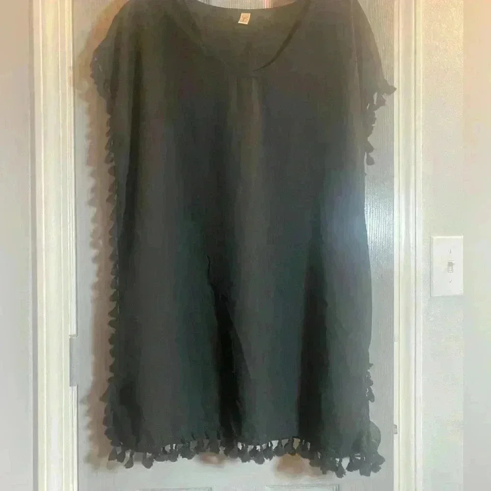 YINCRA black sheer swimsuit coverup with back fringe around it NWOT Size A (S/M)